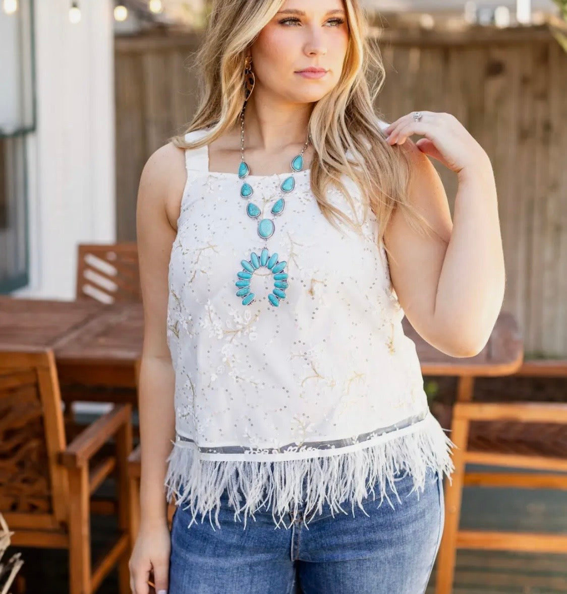 Mesh Top with Feathers